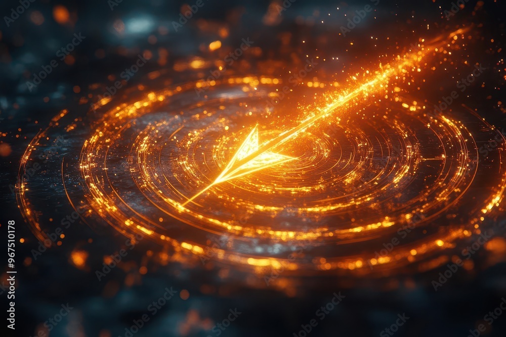 precision triumph golden arrow pierces center of concentric neon rings emitting radiant energy waves in futuristic digital landscape precision triumph golden arrow pierces center of concentric neon rings emitting radiant energy waves in futuristic digital landscape