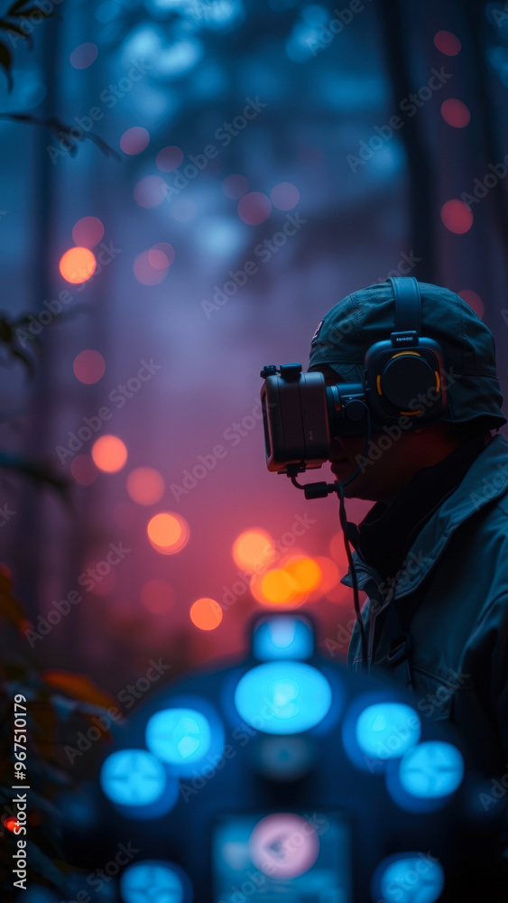 Fototapeta premium Man in a VR headset looking at the forest at night
