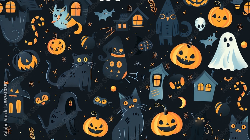 Black cats, witches, cute pumpkins, cartoon ghosts, haunted houses, candy, flat design illustration