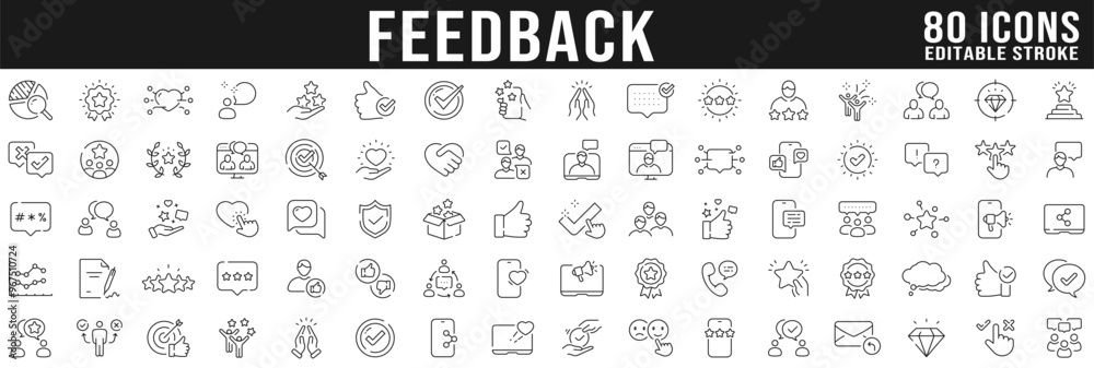 Feedback line icon big set. Review, like, customer, message, chat, comment etc. Editable stroke Feedback line icon big set. Review, like, customer, message, chat, comment etc. Editable stroke