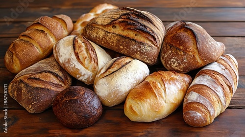 Freshly baked sourdough bread in various shapes rests on a wooden table, ready to be enjoyed.