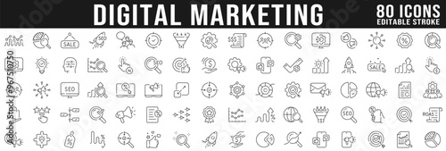 Big set of digital marketing line icons. Management, seo, target, ad, analytics etc. Editable stroke