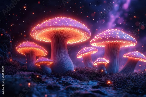 psychedelic mushroom dreamscape vibrant neon colors fractal patterns surreal compositions vaporwave aesthetics digital art photo