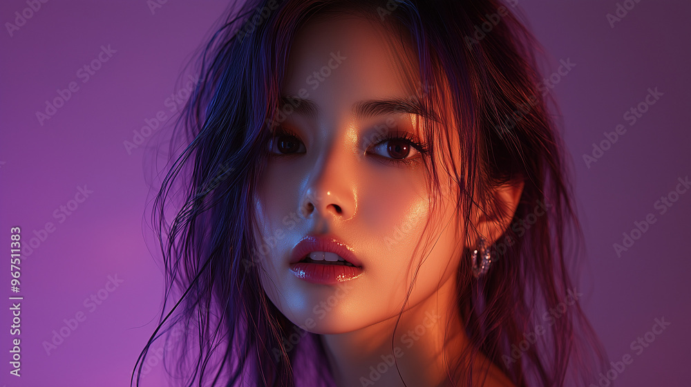 Korean woman with vibrant makeup poses dramatically under colorful lighting in a creative studio Korean woman with vibrant makeup poses dramatically under colorful lighting in a creative studio