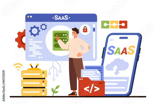 SaaS, software as service. Tiny customer working with cross platform for digital business, smart mobile app for phone with subscription of clients, cloud computing cartoon vector illustration