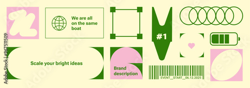 Pack of Y2k branding elements. Colorful bold retro stickers in trendy style. Simple geometric shape. Funky Labels for social media, packaging, web. Cyber style. Brutalist elements. Girl fashion 