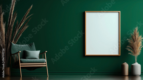 Modern interior with a green armchair and cushions next to large dried pampas grass in vases, set against a deep green wall with a blank wooden framed vertical poster.