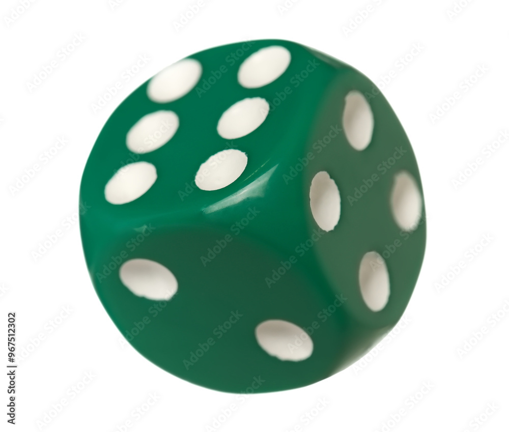 Green gambling dice flying, macro isolated on white background, clipping path Green gambling dice flying, macro isolated on white background, clipping path