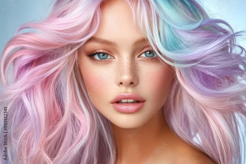 Pastel Dream: A portrait capturing the ethereal beauty of a young woman with vibrant, flowing pastel hair and captivating blue eyes. Pastel Dream: A portrait capturing the ethereal beauty of a young woman with vibrant, flowing pastel hair and captivating blue eyes.