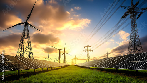 Solar panels and wind turbines front energy plant symbolizing renewable power generation and green energy Concept