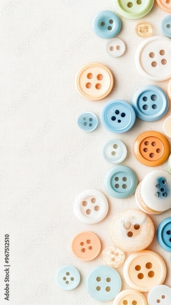 A variety of vibrant buttons create a colorful border on a linen texture, featuring the word Sewing in the center and ample empty space for branding or advertising A variety of vibrant buttons create a colorful border on a linen texture, featuring the word Sewing in the center and ample empty space for branding or advertising