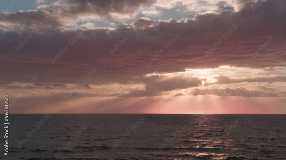 Beautiful sunset over calm ocean with colorful clouds reflecting on the water during twilight near the shore Beautiful sunset over calm ocean with colorful clouds reflecting on the water during twilight near the shore