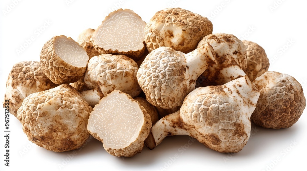 Freshly Harvested Mushroom Variety Displayed on a Clean Background With Cut Sections Visible Freshly Harvested Mushroom Variety Displayed on a Clean Background With Cut Sections Visible