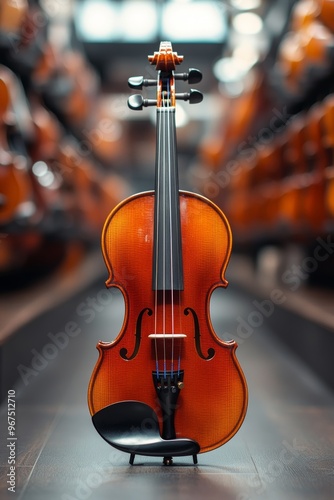 A Beautifully Crafted Violin Stands Prominently in a Music Store Filled With Instruments