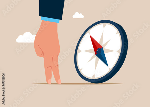 Hand human standing with direction compass. Financial strategy or business and stock market outlook. Flat vector illustration