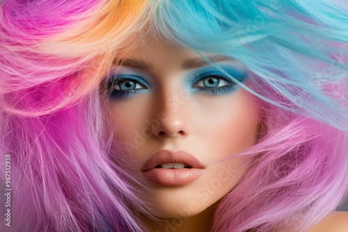 A Young Woman With Vibrant Pastel Hair and Striking Makeup in a Studio Setting