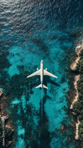 Obraz na płótnie Aerial View of an Airplane Flying Over Clear Blue Waters and Rocky Coastline on a Sunny Day w salonie