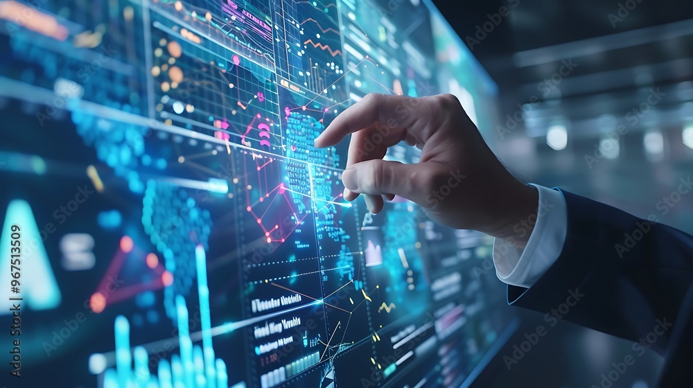 Professional Reviewing Data on Holographic Screen Analyzing Data, Business Theme, Holographic Screen, Data Professional Reviewing Data on Holographic Screen Analyzing Data, Business Theme, Holographic Screen, Data