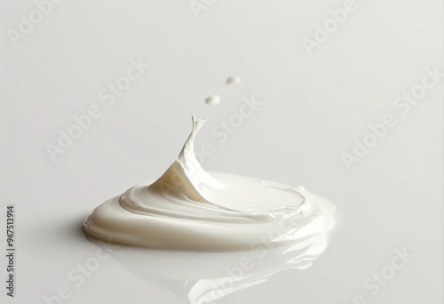 A dollop of thick, creamy white skincare cream on a muted white background. Cream looks like it's been squeezed onto a surface. The cream is sheen reflecting light photo