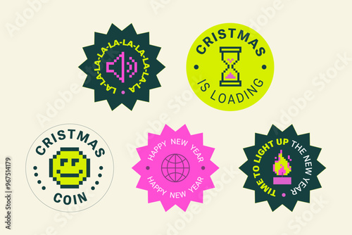 Y2k trendy playful pixel colorful stickers for New Year's celebration. Retro 90th pixel flat style for Christmas SMM. Concept for marketing, web, packaging, t-shirts. Geometric Brutalism