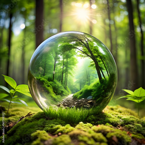 glass globe encircled by verdant forest flora envirment photo