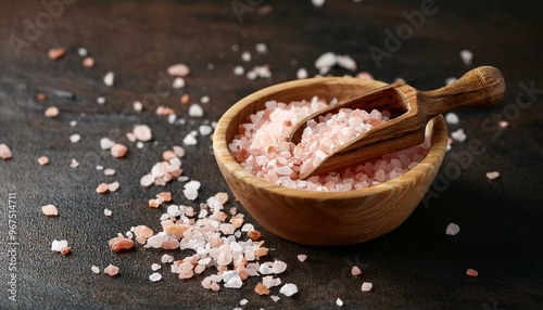 Wooden bowl and scoop with Himalayan pink salt on dark table. ai generated