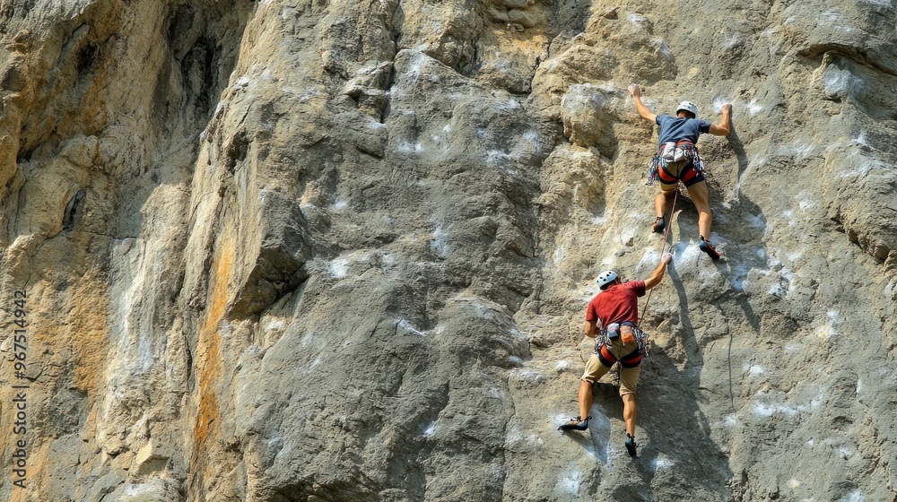 Rock Climbing Duo Scaling a Rugged Cliff Face Rock Climbing Duo Scaling a Rugged Cliff Face