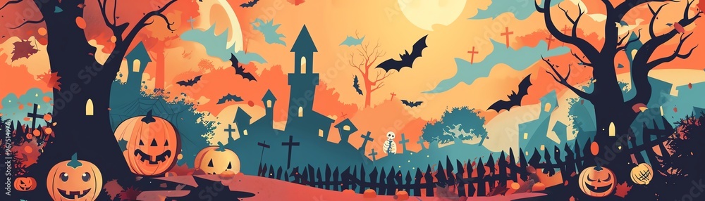 Halloween decorations, bats, trick or treat, spooky trees, cute skeletons, flat design illustration Halloween decorations, bats, trick or treat, spooky trees, cute skeletons, flat design illustration