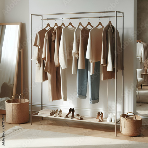 wardrobe with clothes on hangers