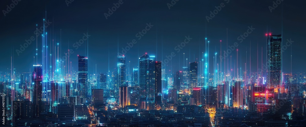 Obraz premium Futuristic Cityscape at Night: Glowing Skyscrapers and Neon Lights