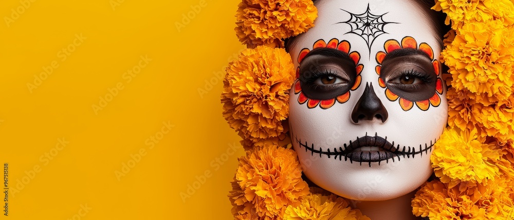 A close-up of a Day of the Dead face painting, half the face decorated with sugar skull designs, marigold flowers surrounding the person A close-up of a Day of the Dead face painting, half the face decorated with sugar skull designs, marigold flowers surrounding the person
