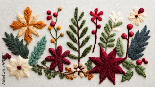 Handcraft embroidery and wool art, fall or christmas theme layout for cards, inspiration, background posters, art. photo