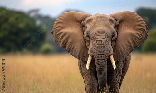 Majestic Elephant Standing in Tall Grass Under a Cloudy Sky in a Tranquil Nature Setting