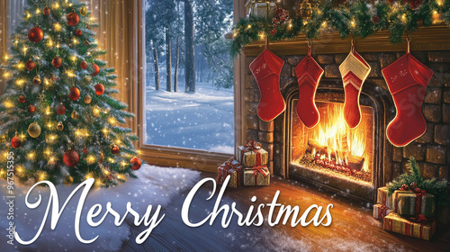 Christmas card, cozy fireplace scene with stockings hung, glowing firelight and decorated tree, soft snow outside the window, warm and inviting holiday mood, 