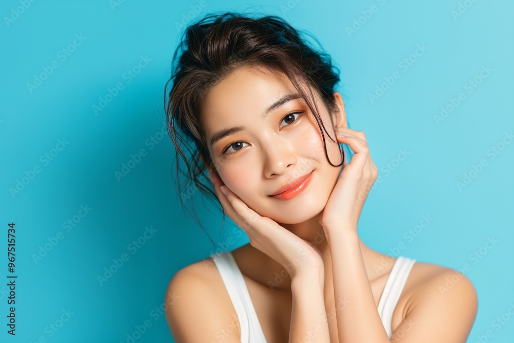 A Japanese woman with flawless skin is touching her face, looking happy and content on a blue background. She is wearing a white tank top A Japanese woman with flawless skin is touching her face, looking happy and content on a blue background. She is wearing a white tank top