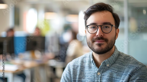 Portrait of a Software Tester in a Blurred Office Cubicle Background, Portrait Shot, Software Tester, Office Cubicle Background