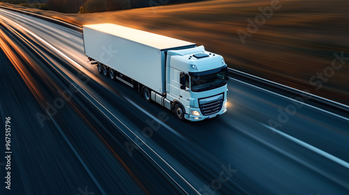 A large white semi-truck driving on a highway at sunset. The truck is in motion, creating light streaks on the road, indicating high speed and movement.