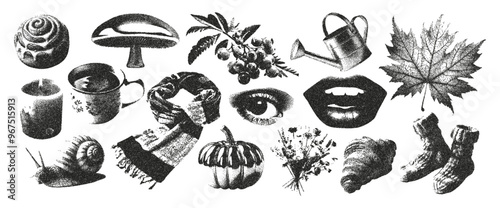 Autumn elements with a photocopy effect. Scarf, pumpkin, mug, croissant, watering can, socks combined with a grainy texture.Aesthetic vector illustration for the design of seasonal posters and prints.