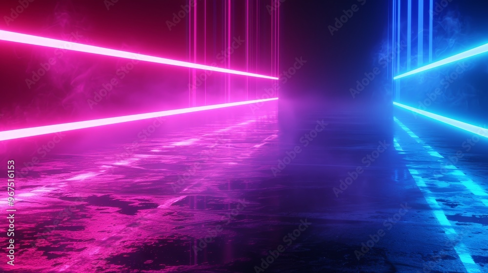 Neon Lights Illuminate a Misty Corridor With Contrasting Pink and Blue Beams in a Futuristic Setting Neon Lights Illuminate a Misty Corridor With Contrasting Pink and Blue Beams in a Futuristic Setting
