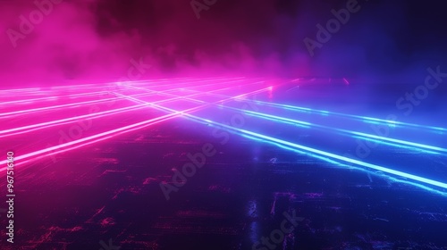 Dynamic Neon Laser Lines Crossing Over a Vibrant Misty Surface at Night