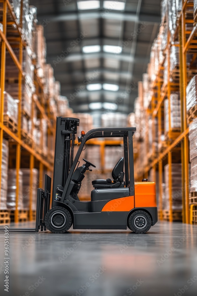 A forklift is positioned next to a large pallet in a warehouse, preparing to lift it. The background features high shelves A forklift is positioned next to a large pallet in a warehouse, preparing to lift it. The background features high shelves