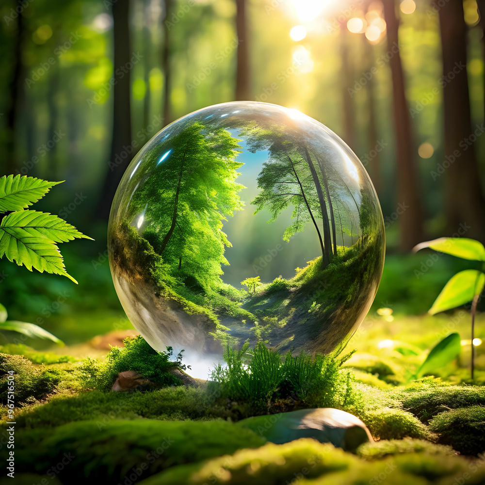 glass globe encircled by verdant forest flora envirment glass globe encircled by verdant forest flora envirment