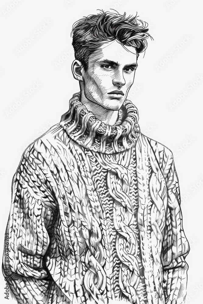 Black and white sketch of a young man wearing a patterned sweater, standing confidently with his hands in pockets. Black and white sketch of a young man wearing a patterned sweater, standing confidently with his hands in pockets.