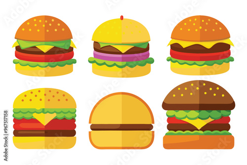 Set of different types delicious burger vector illustration on white background