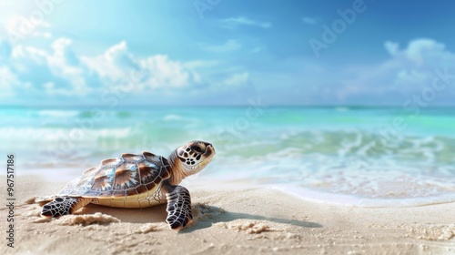 Fototapeta Naklejka Na Ścianę i Meble -  A baby sea turtle on tropical sand beach