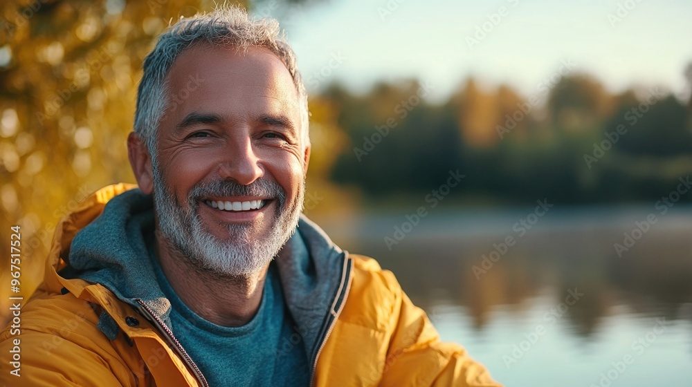 A man with a yellow jacket and gray hair is smiling. He is sitting by a lake and looking at the camera A man with a yellow jacket and gray hair is smiling. He is sitting by a lake and looking at the camera