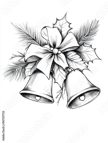 Stylish black and white sketch, hand drawing, Christmas Bells with bow, cartoon style, white background. Great for card, kids colouring, book, decor, poster