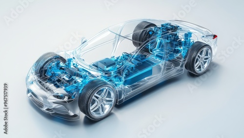 A line art 3D illustration displays a modern electric car chassis x-ray, revealing the vehicle battery in a studio environment.