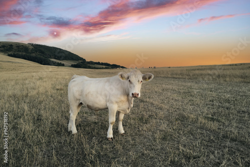 A serene landscape featuring a solitary cow standing in an open field during a stunning sunset. The sky is painted with vibrant hues of pink and orange, casting a warm glow over 