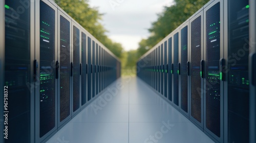 Eco Friendly concept, A modern data center featuring rows of servers, showcasing advanced technology and efficient design in a green environment. photo